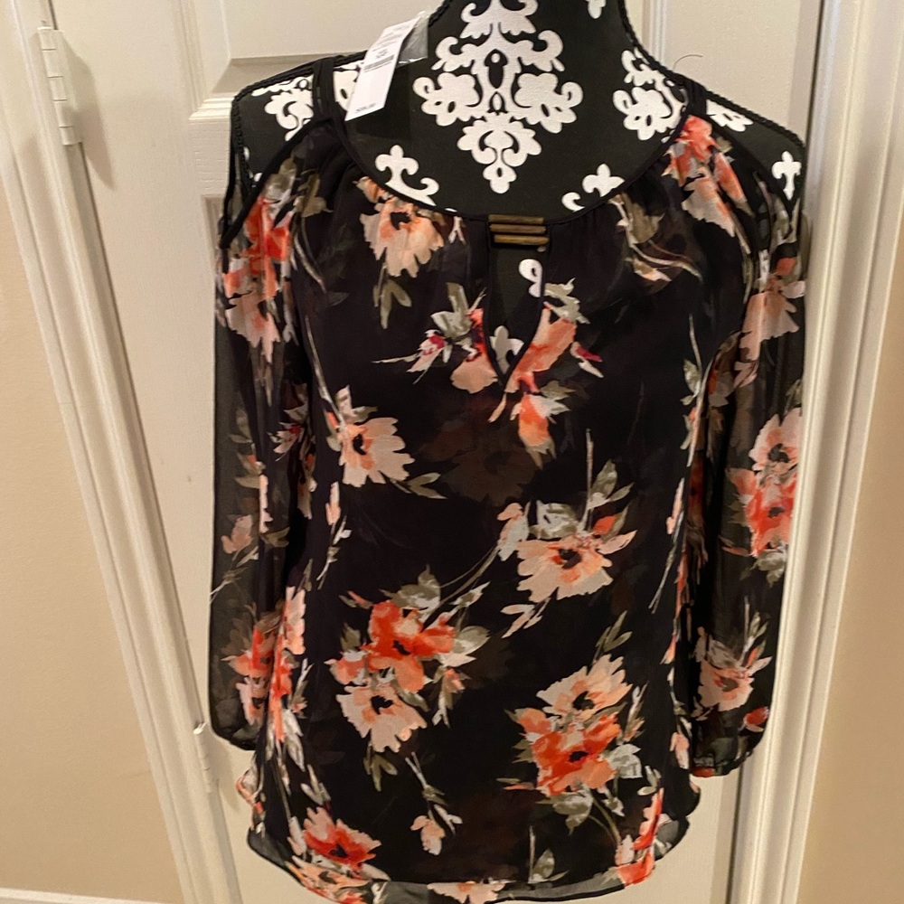 Black Floral Cold-Shoulder Blouse with Coral Accents
